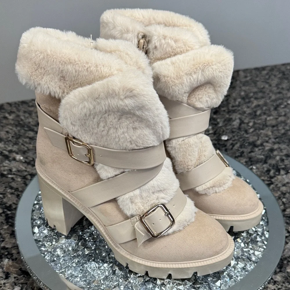 INC International Concepts Cream Faux Fur Lug Heel Winter Boots